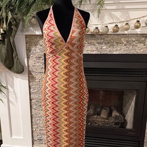 Multicolor Chevron Crochet Halter V-Neck Maxi Dress